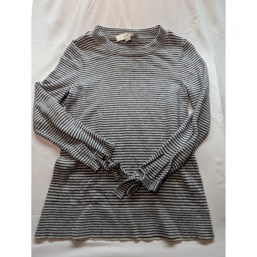 Loft Petites Striped Long Sleeve Knit Top Grey Navy Tie Cuff Crew Neck XSP